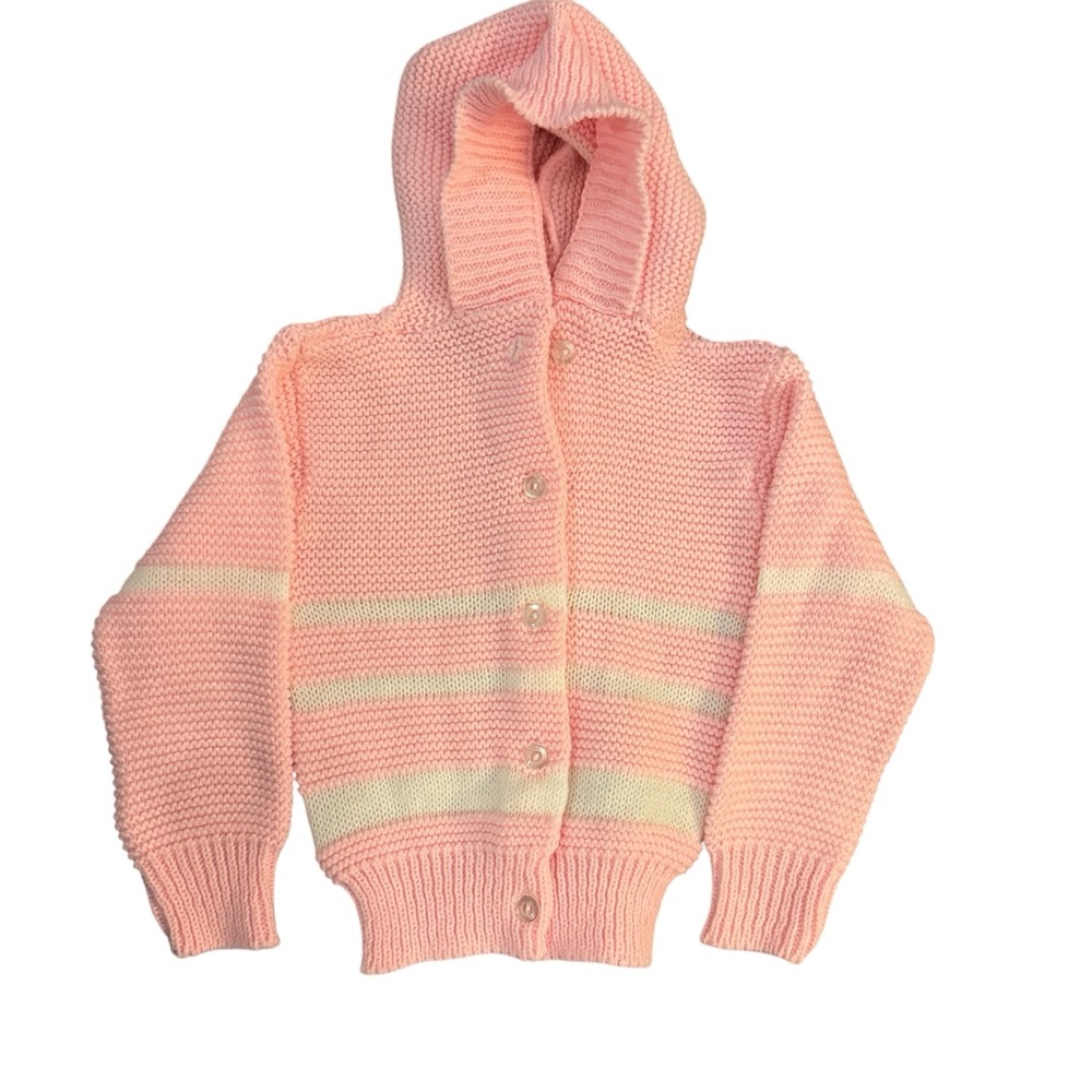 Vintage Royal USA Pink & White Knit Kids Hoodie Cardigan (Read for measurements)